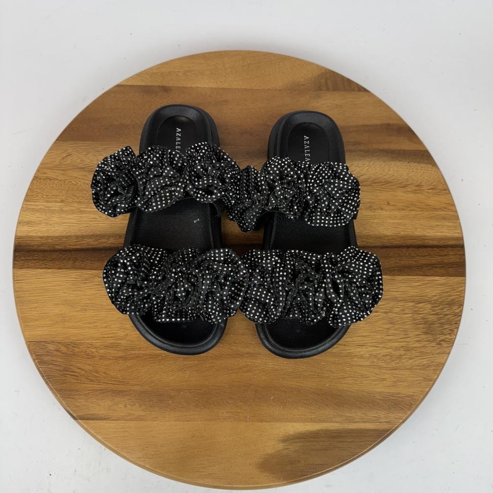 New Womens Azalea Wang Stillwater Rhinestone Roses Black Slide Sandals Size‎ 6.5